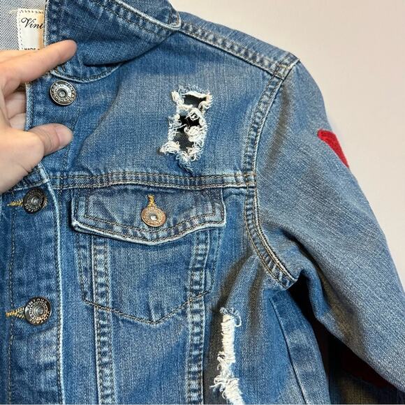 Guns N Roses denim jacket up cycle crop embroidered roses distressed raw hem - Picture 4 of 10